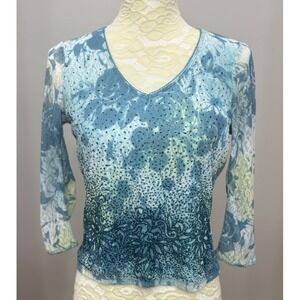 Vtg Rampage Y2K 2000s Top Large Blue Floral Sequin Lace V Neck Whimsigoth